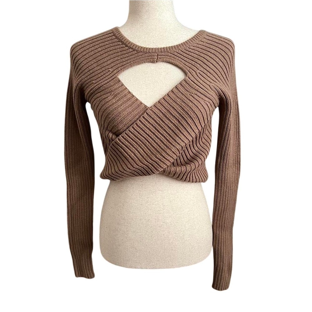 Hollister Brown Ribbed Knit Wrap Crop Top Long Sleeve Cutout Womens Small